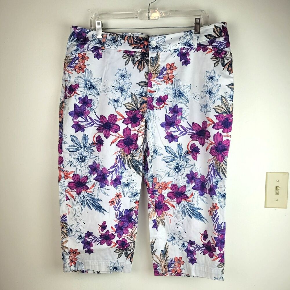 St. John's Bay white floral crop pants pink navy gold cotton blend zip front 18W